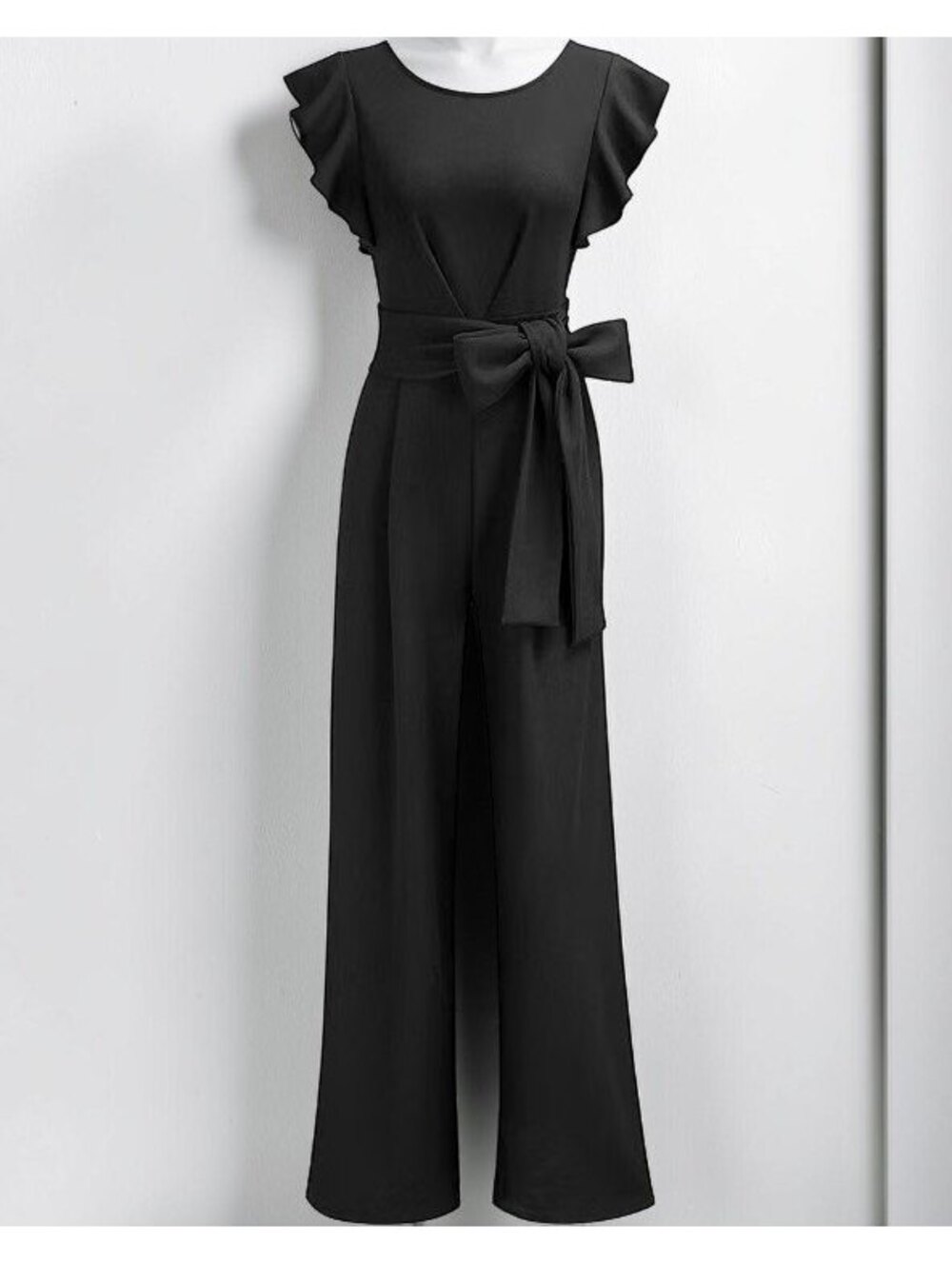 Knitee Black Ruffle Wide Leg Jumpsuit Belted Formal Size M